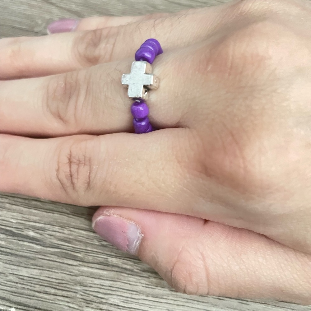 Purple Beaded lent Cross Ring